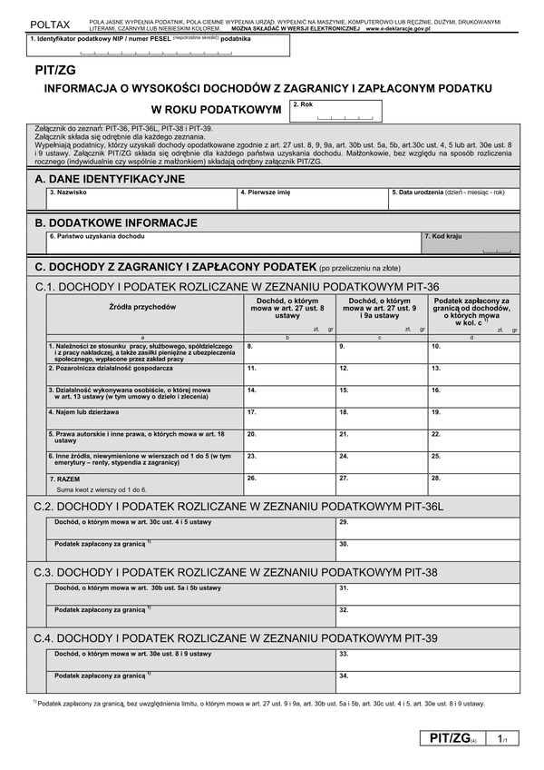 PIT/ZG (4) (od 2013) (archiwalny) Informacja o wysokości dochodów z zagranicy i zapłaconym podatku