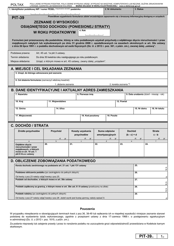 PIT-39 (5) (2013) (archiwalny) Zeznanie o wysokości osiągniętego dochodu (poniesionej straty)