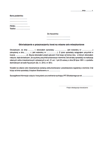OoPK Oświadczenie w sprawie przeznaczenia przychodu uzyskanego ze sprzedaży nieruchomości na własne cele mieszkaniowe