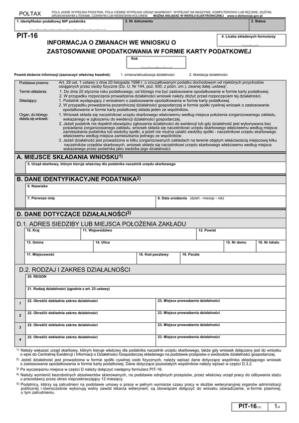 PIT-16Z (12) (2014) (archiwalny) Informacja o zmianach we wniosku o zastosowanie opodatkowania w formie karty podatkowej