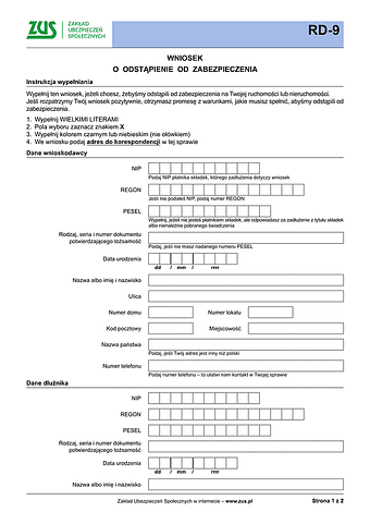 ZUS RD-9 Wniosek o odstąpienie od zabezpieczenia