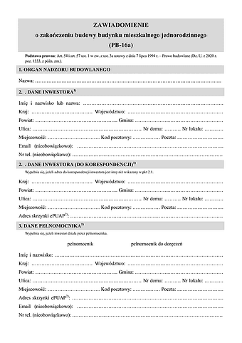 PB-16a Zawiadomienie o zakończeniu budowy budynku mieszkalnego jednorodzinnego