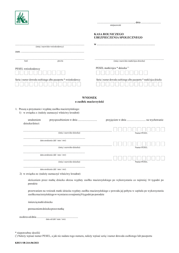 KRUS SR-24A Wniosek o zasiłek macierzyński
