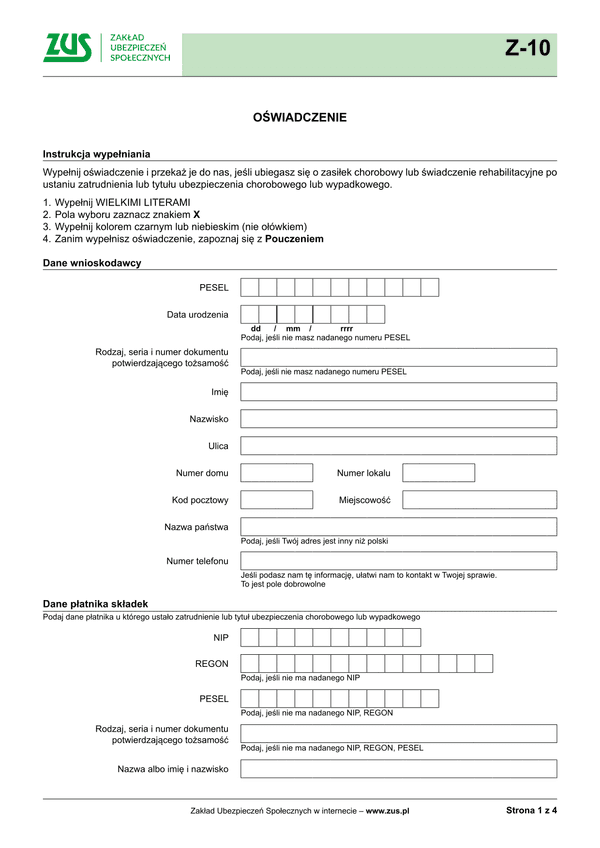 ZUS Z-10 (archiwalny) Oświadczenie - wersja papierowa