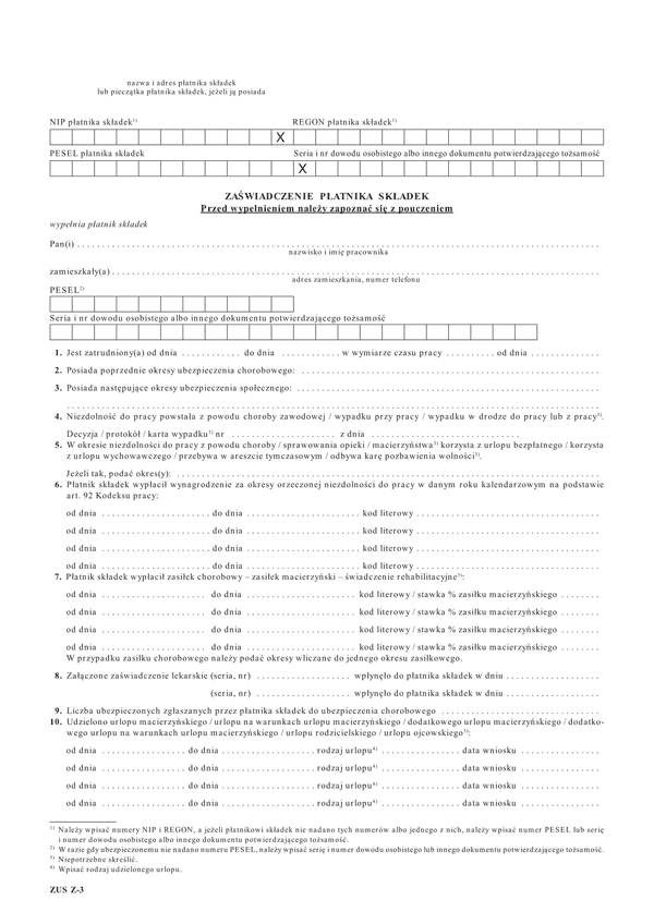ZUS Z-3 (od 2014) (archiwalny) Zaświadczenie płatnika składek