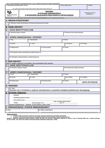 WoZNPZ Wniosek o wydanie zaświadczenia o wysokości zaległości podatkowych zbywającego