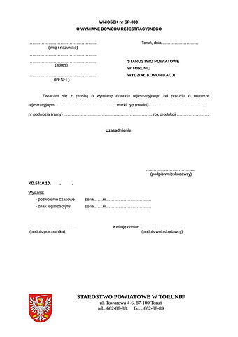 WoWDR-pT Wniosek o wymianę dowodu rejestracyjnego Starostwo Powiatowe Toruń