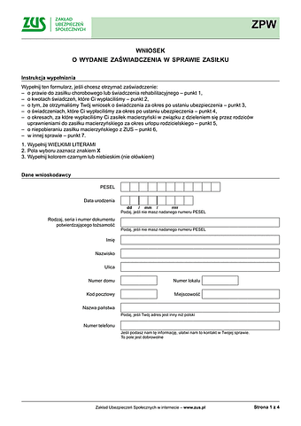 ZUS ZPW Wniosek o wydanie zaświadczenia w sprawie zasiłku - wersja papierowa