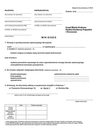 WoWDR-Kra Wniosek o wymianę dowodu rejestracyjnego Kraków