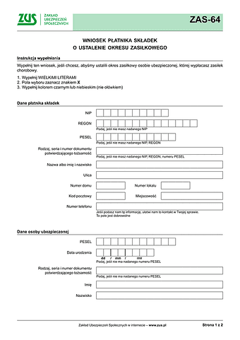ZUS ZAS-64 Wniosek płatnika składek o ustalenie okresu zasiłkowego - wersja papierowa