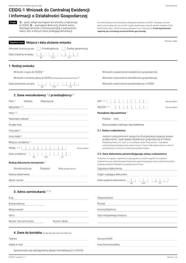 CEIDG-1 (2.1.1) (archiwalny) Wniosek o wpis do centralnej ewidencji i informacji o działalności gospodarczej