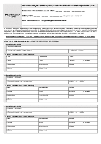 DEK-1 Zestawienie danych o pozostałych współwłaścicielach nieruchomości/wspólnikach spółki