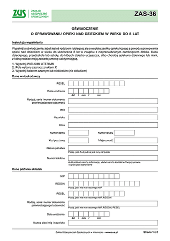 ZUS ZAS-36 Oświadczenie o sprawowaniu opieki nad dzieckiem w wieku do 8 lat