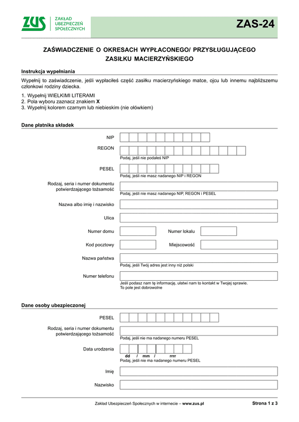 ZUS ZAS-24 (archiwalny) Zaświadczenie o okresach wypłacanego/ przysługującego zasiłku macierzyńskiego
