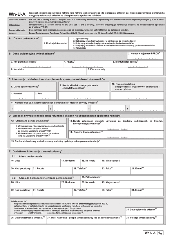 PFRON Wn-U-A Wniosek niepełnosprawnego rolnika lub rolnika zobowiązanego do opłacania składek za niepełnosprawnego domownika o wypłatę refundacji składek na ubezpieczenia społeczne rolników