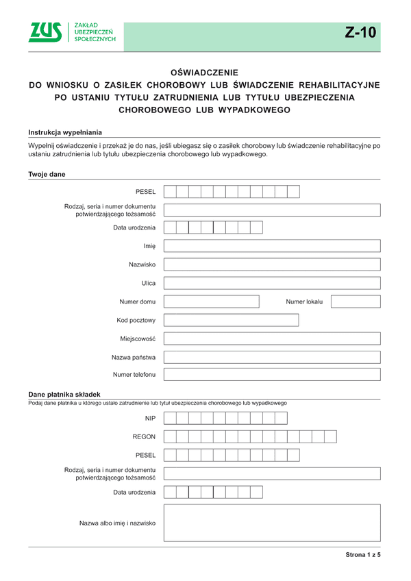 ZUS Z-10 (archiwalny) Oświadczenie