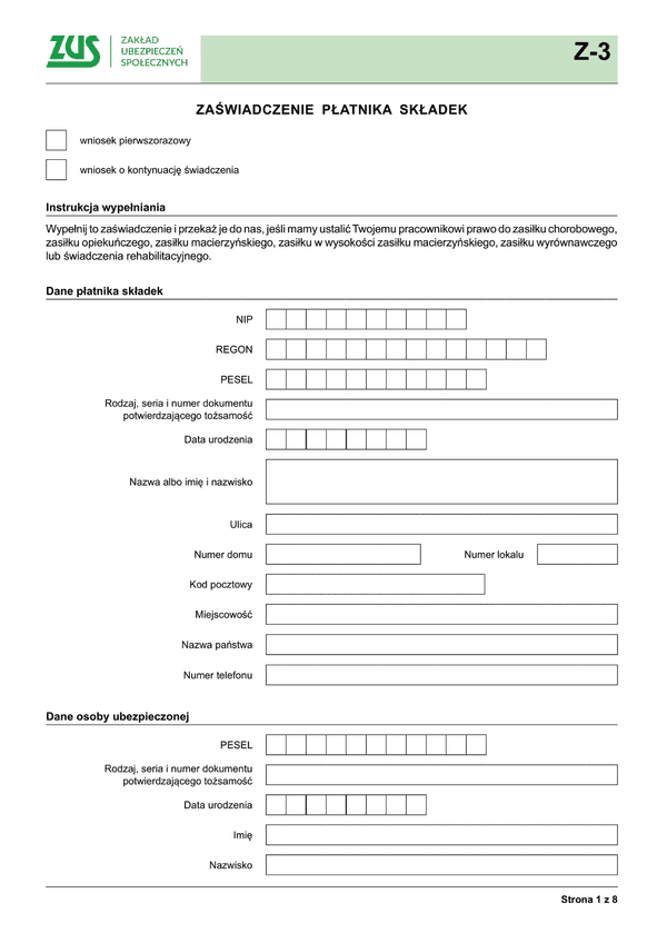 ZUS Z-3 (archiwalny) Zaświadczenie płatnika składek - z wysyłką do PUE ZUS