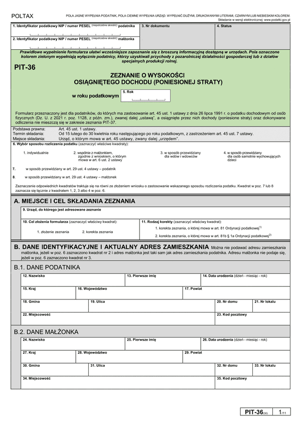 PIT-36 (30) (archiwalny) (2022) Zeznanie o wysokości osiągniętego dochodu (poniesionej straty)