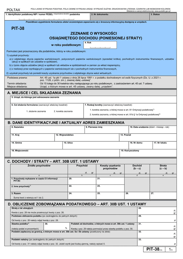 PIT-38 (16) (archiwalny) (2022) Zeznanie o wysokości osiągniętego dochodu (poniesionej straty)