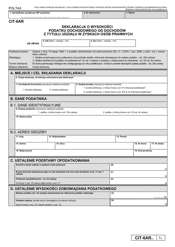 CIT-6AR (6) Deklaracja o wysokości podatku dochodowego od dochodów z tytułu udziału w zyskach osób prawnych