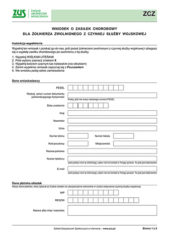 ZUS ZCZ Wniosek o zasiłek chorobowy dla żołnierza zwolnionego z czynnej służby wojskowej - wersja papierowa
