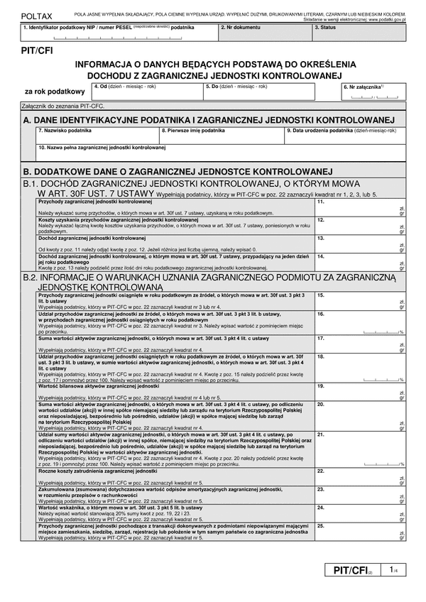 PIT/CFI (2) (archiwalny) Informacja o danych będących podstawą do określenia dochodu z zagranicznej jednostki kontrolowanej