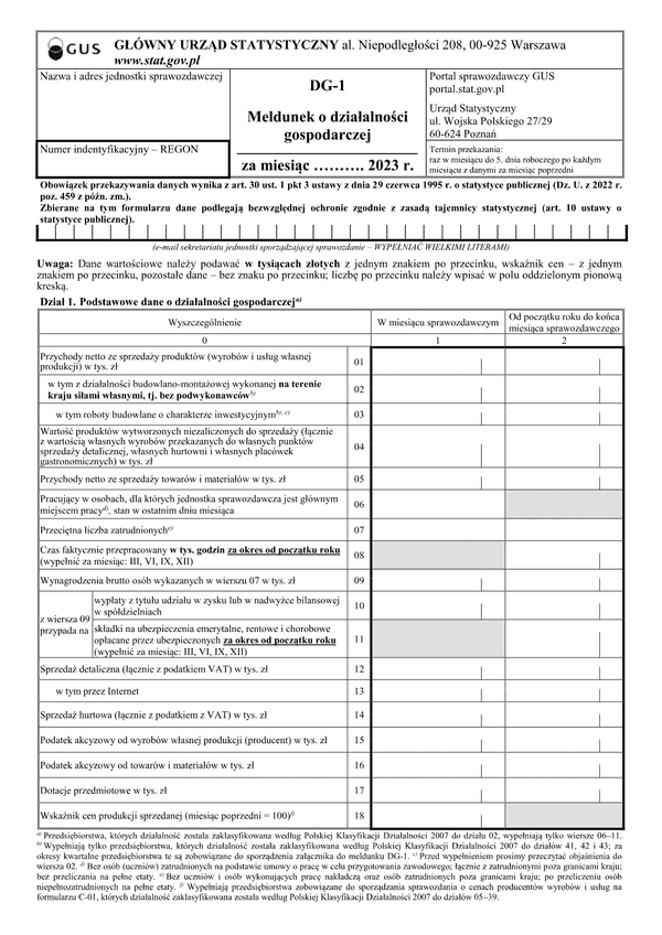 GUS DG-1 (2023) (archiwalny) Meldunek o działalności gospodarczej