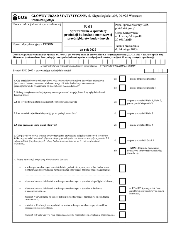 GUS B-01 (2022) (archiwalny) Sprawozdanie o sprzedaży produkcji budowlano-montażowej przedsiębiorstw budowlanych za rok 2022