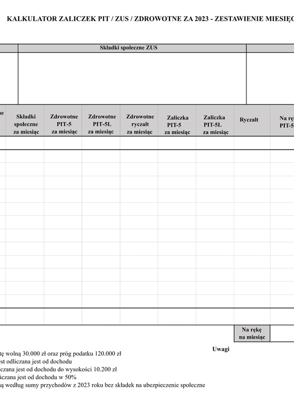 KzPZZ (archiwalny) Kalkulator zaliczek PIT/ZUS/zdrowotne za 2023 - zestawienie miesięczne