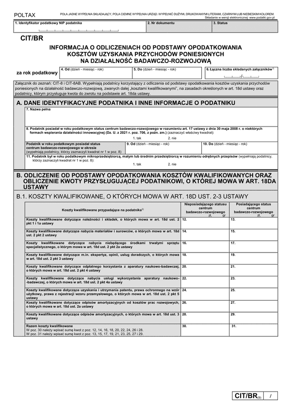 CIT/BR (9) (archiwalny) Informacja o odliczeniach od podstawy opodatkowania kosztów kwalifikowanych