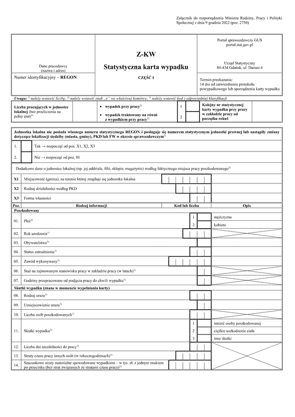 GUS Z-KW (archiwalny) Statystyczna karta wypadku