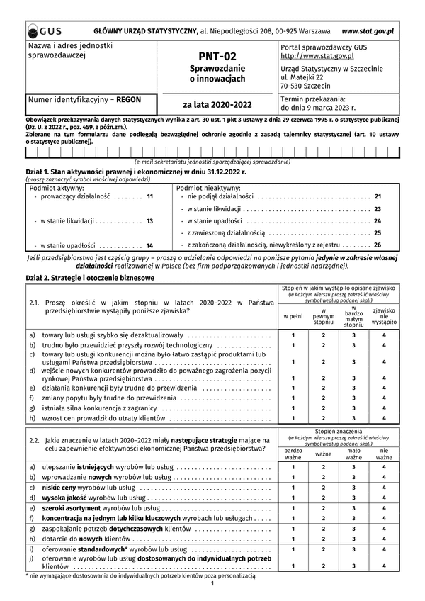 GUS PNT-02 (2020-2022) Sprawozdanie o innowacjach w przemyśle za lata 2020–2022