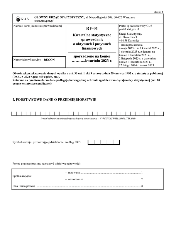 GUS RF-01 (2023) (archiwalny) Kwartalne statystyczne sprawozdanie o aktywach i pasywach finansowych