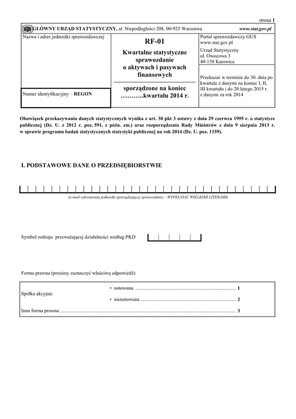 GUS RF-01 (2014) (archiwalny) Kwartalne statystyczne sprawozdanie o aktywach i pasywach finansowych
