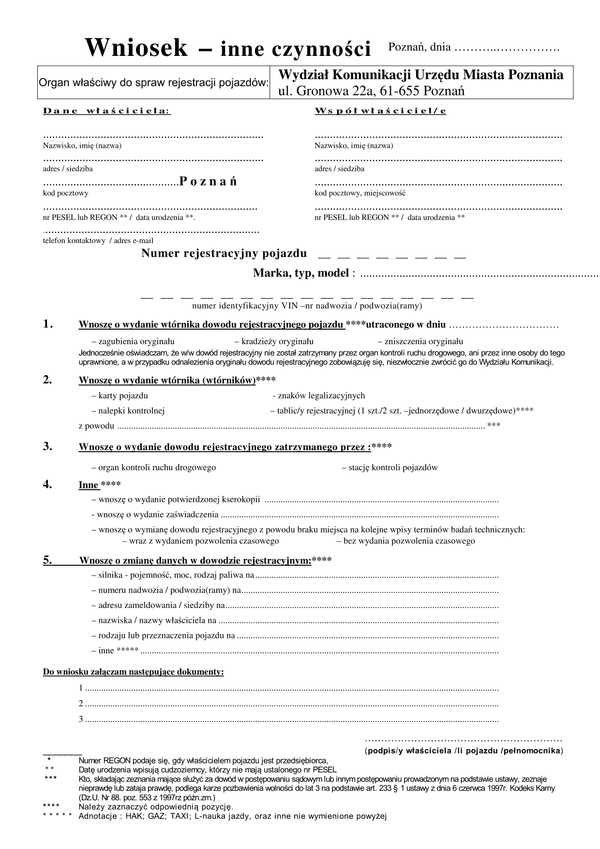 WoWDT-Po (od 2014) (archiwalny) Wniosek o wydanie wtórnika dowodu rejestracyjnego lub innych dokumentów pojazdu - inne czynności - Poznań 