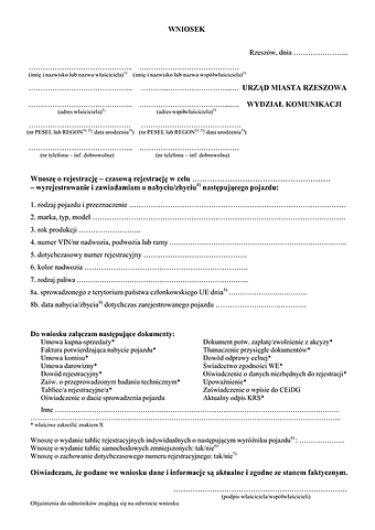 WoRWZP-Rz Wniosek o rejestrację, czasową rejestrację, wyrejestrowanie i zawiadomienie o pojeździe Rzeszów