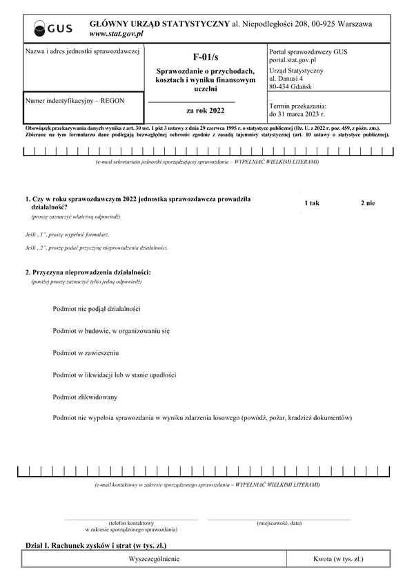 GUS F-01/s (2022) (archiwalny) Sprawozdanie o przychodach, kosztach i wyniku finansowym szkół wyższych za rok 2022