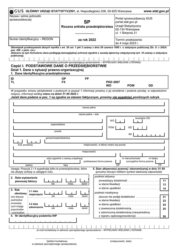 GUS SP (2022) (archiwalny) Roczna ankieta przedsiębiorstwa za rok 2022
