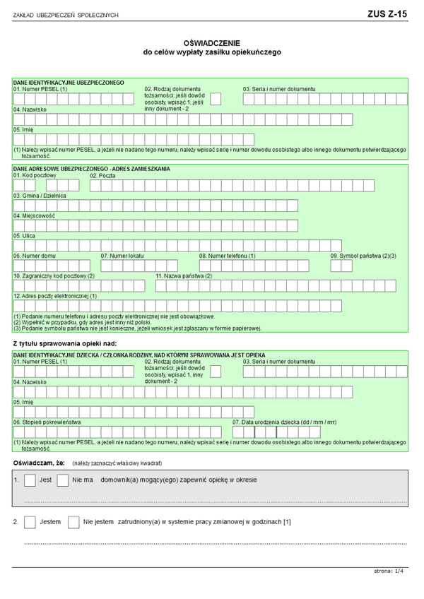 ZUS Z-15 (archiwalny) (od 2014) Oświadczenie dla celów wypłaty zasiłku opiekuńczego