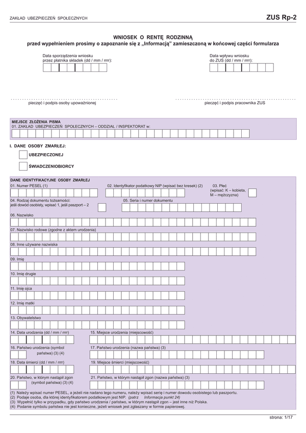 ZUS Rp-2  (archiwalny) Wniosek o rentę rodzinną