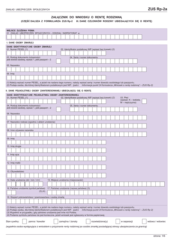 ZUS Rp-2a (archiwalny) Załącznik do wniosku o rentę rodzinną (część dalsza z formularza ZUS Rp-2 III. Dane członków rodziny ubiegających się o rentę)