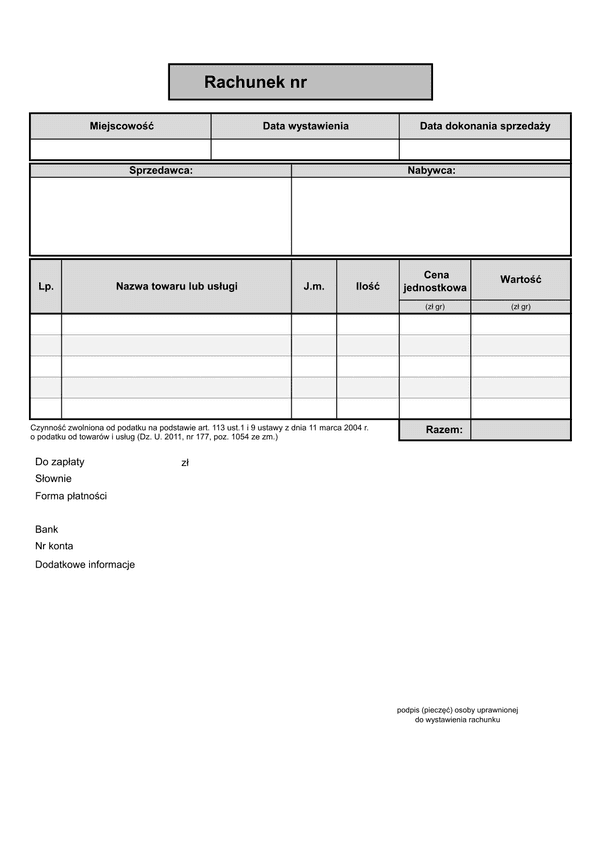 RACH5 (od 2014) (archiwalny) Rachunek (do sprzedaży bez VAT) 5 pozycji