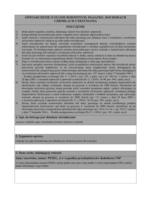 OoSRMD-A (od 2014) (archiwalny) Oświadczenie o stanie rodzinnym, majątku, dochodach i źródłach utrzymania osoby fizycznej ubiegającej się o ustanowienie adwokata lub radcy prawnego
