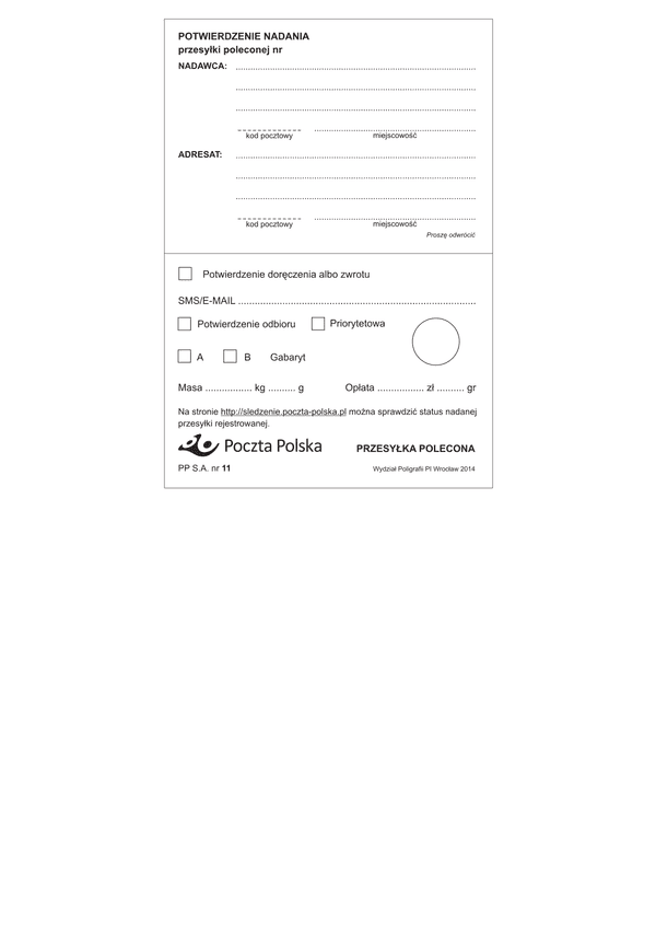 PP 11 (od 2014) (archiwalny) Potwierdzenie nadania przesyłki poleconej