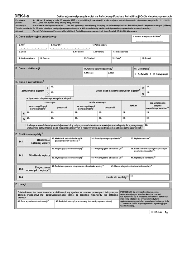 PFRON DEK-I-a (archiwalny) Deklaracja miesięcznych wpłat na Państwowy Fundusz Rehabilitacji Osób Niepełnosprawnych