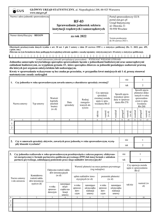 GUS RF-03 (2022) (archiwalny) Sprawozdanie jednostek sektora instytucji rządowych i samorządowych - druk dla celów wewnętrznych (z możliwością wpisania kwot w zł gr)