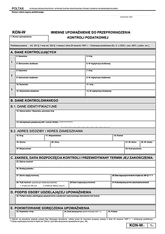 KON-W (7) Imienne upoważnienie do przeprowadzenia kontroli podatkowej
