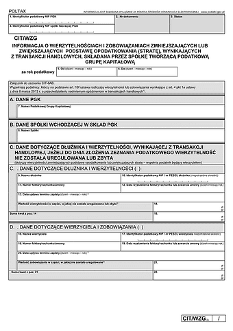 CIT/WZG (3) Informacja o wierzytelnościach i zobowiązaniach zmniejszających lub zwiększających podstawę opodatkowania (stratę), wynikających z transakcji handlowych, składana przez spółkę tworzącą grupę kapitałow