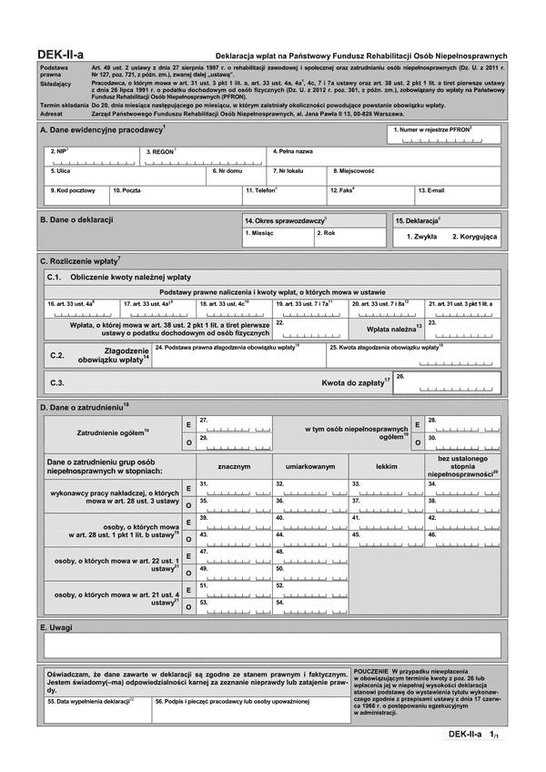 PFRON DEK-II-a (archiwalny) Deklaracja wpłat na Państwowy Fundusz Rehabilitacji Osób Niepełnosprawnych