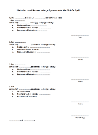 LONZW Lista obecności Nadzwyczajnego Zgromadzenia Wspólników Spółki